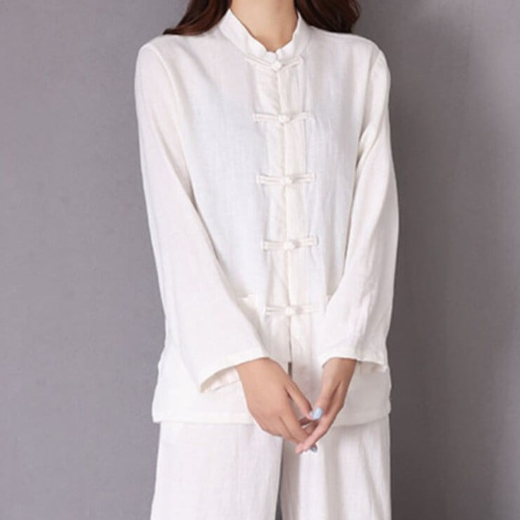 Loose Linen White Unisex Tops Shirt - Li Ziqi Fairy Style Clothes Hanfu Style